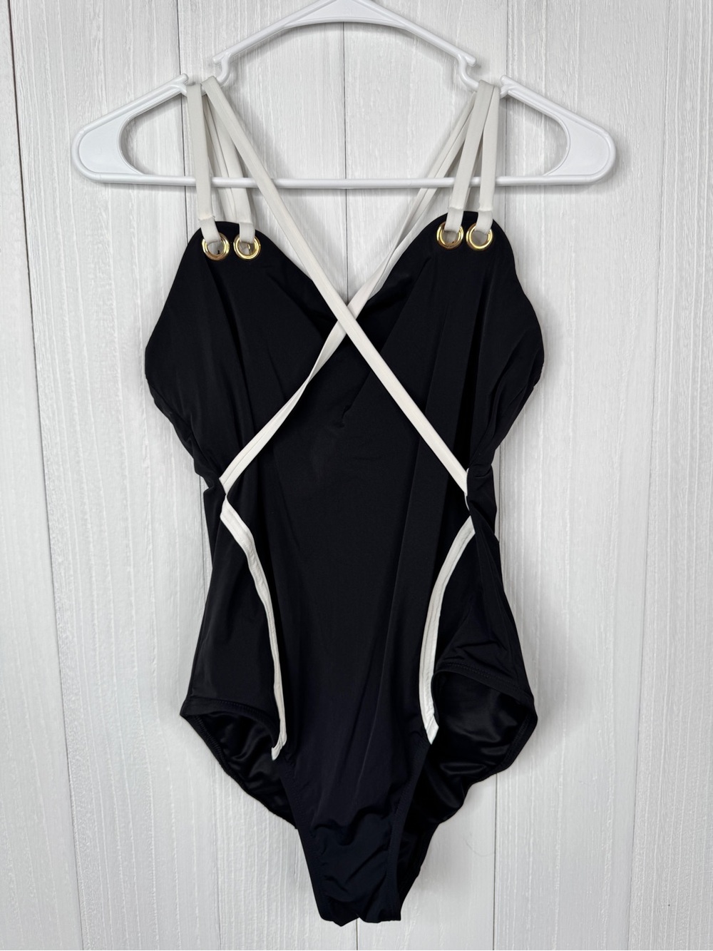 SPANX Black One-Piece Swimsuit with White Straps and Gold Rings